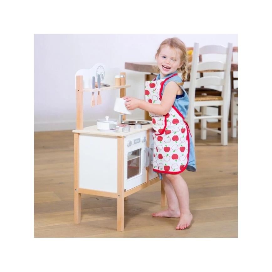 New Classic Toys - Medinė virtuvė su priedais balta/smėlio spalva