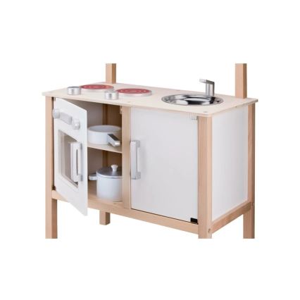 New Classic Toys - Medinė virtuvė su priedais balta/smėlio spalva