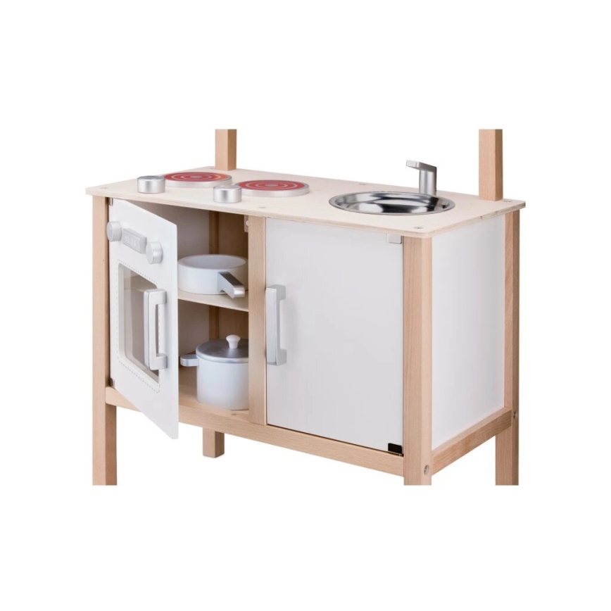 New Classic Toys - Medinė virtuvė su priedais balta/smėlio spalva