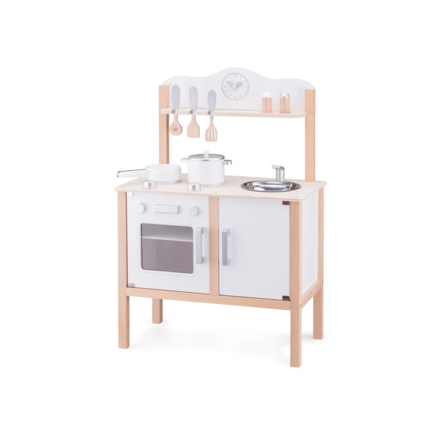 New Classic Toys - Medinė virtuvė su priedais balta/smėlio spalva
