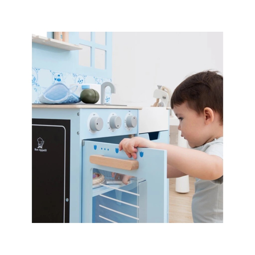 New Classic Toys - Medinė virtuvė su priedais mėlyna
