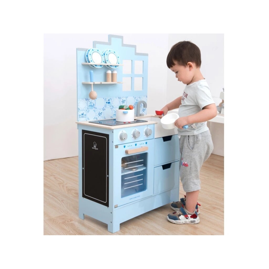New Classic Toys - Medinė virtuvė su priedais mėlyna