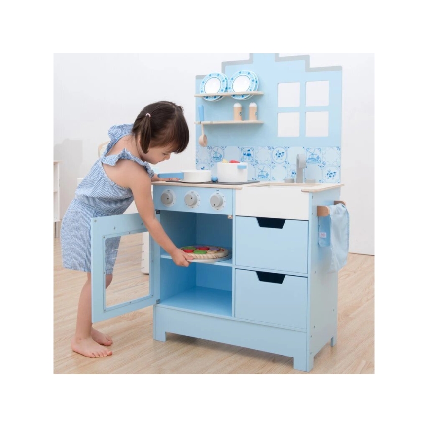 New Classic Toys - Medinė virtuvė su priedais mėlyna