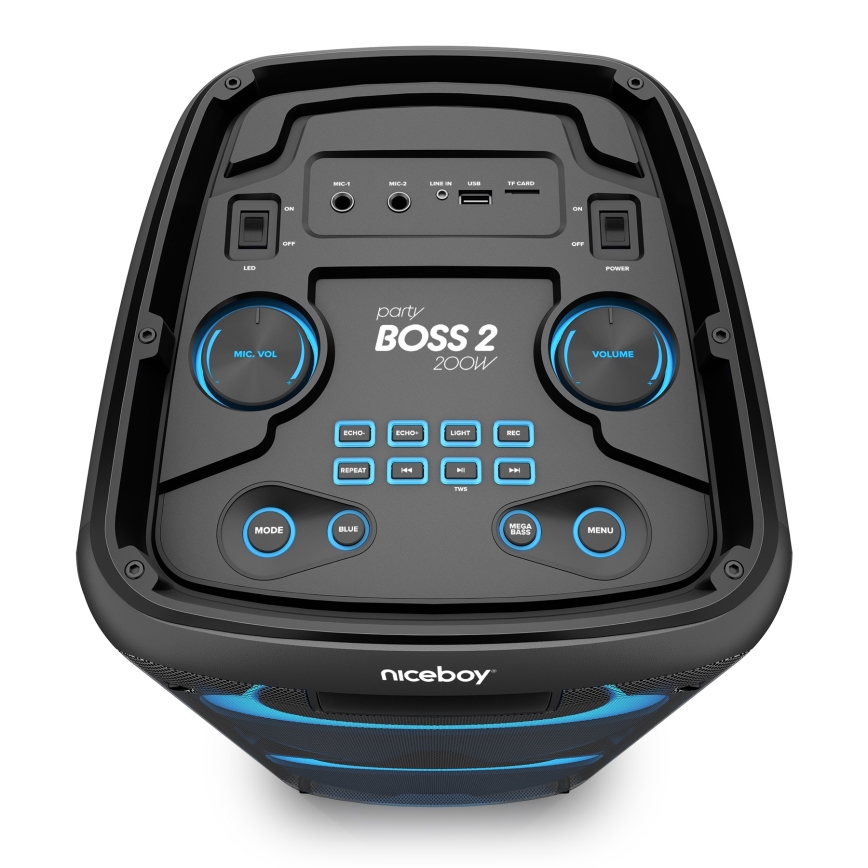 Niceboy PARTY Boss 2 - LED Belaidis garsiakalbis su mikrofonu ir maitinimo bankas funkcija 200W/4500 mAh + nuotolinio valdymo pultas