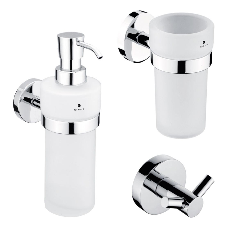 NIMCO UN KOMPLEKTAS-31W-26 - Sieninis muilo dozatorius, dantų šepetėlio laikiklis ir sieninis kabliukas UNIX 250 mm matinė stiklas/blizgus chromas