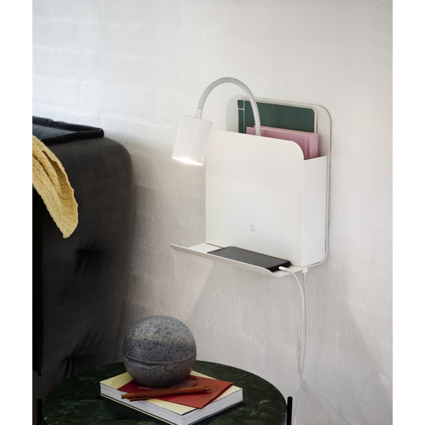 Nordlux - Sieninis akcentinis šviestuvas su lentyna ir USB ROOMI 1xGU10/8W/230V balta