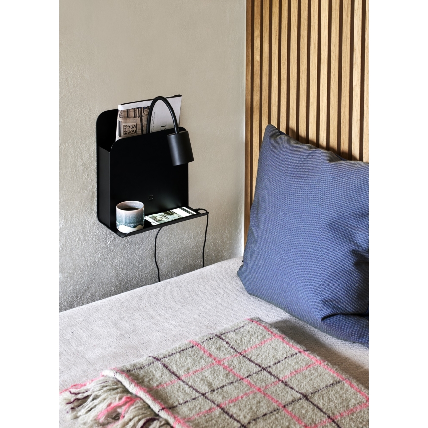 Nordlux - Sieninis akcentinis šviestuvas su lentyna ir USB ROOMI 1xGU10/8W/230V juoda