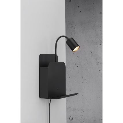 Nordlux - Sieninis akcentinis šviestuvas su lentyna ir USB ROOMI 1xGU10/8W/230V juoda