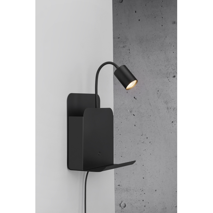 Nordlux - Sieninis akcentinis šviestuvas su lentyna ir USB ROOMI 1xGU10/8W/230V juoda