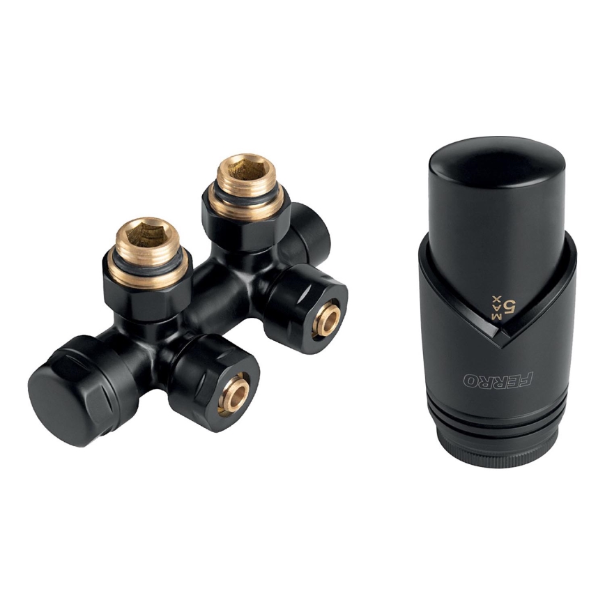 Novaservis - Kampinis juodas radiatorių komplektas su centrinio prijungimo jungtimi