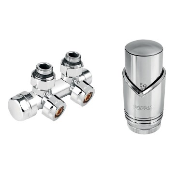 Novaservis - kampinis rinkinys radiatoriams su centriniu pajungimu, blizgus chromas