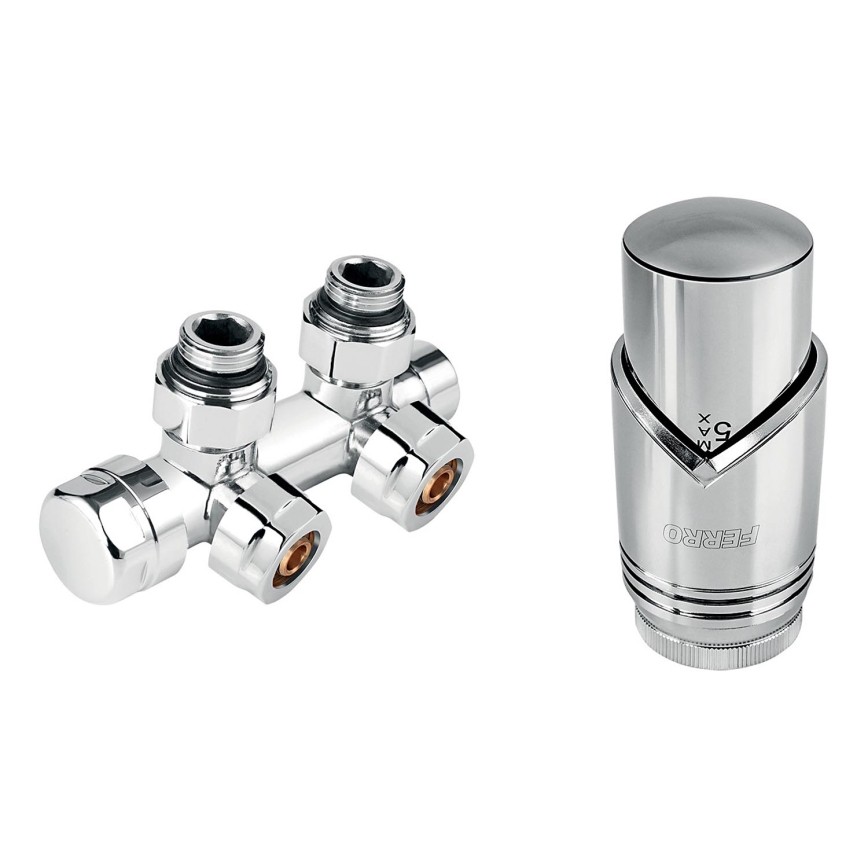 Novaservis - kampinis rinkinys radiatoriams su centriniu pajungimu, blizgus chromas