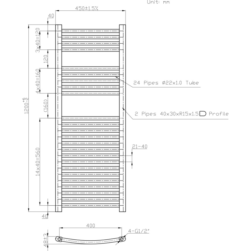Novaservis - Kopėčių tipo vonios radiatorius 490W/230V 120x45 cm baltas, apvalus