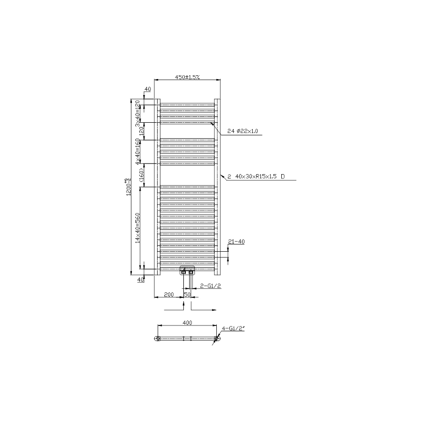 Novaservis – vonios kambario kopėtinis rankšluosčių radiatorius 318 W/230 V, 120 × 45 cm, blizgus chromas, tiesus