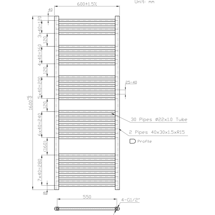 Novaservis - Vonios kambario kopėčių tipo rankšluosčių radiatorius 836W/230V 160x60 cm baltas tiesus