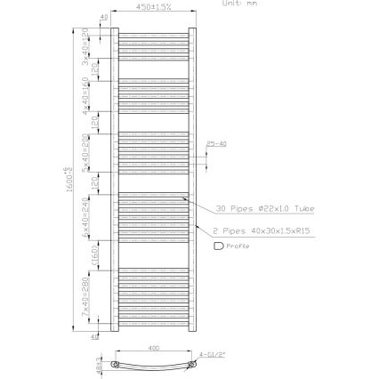 Novaservis - Vonios kambario kopėtinis radiatorius 648W/230V 160x45 cm baltas, apvalus