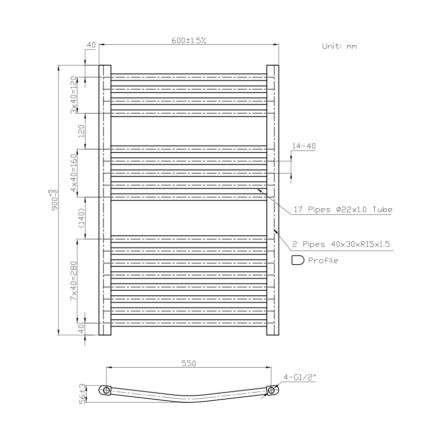 Novaservis - vonios rankšluosčių radiatorius 478 W/230 V, 90 x 60 cm, baltas, apvalus