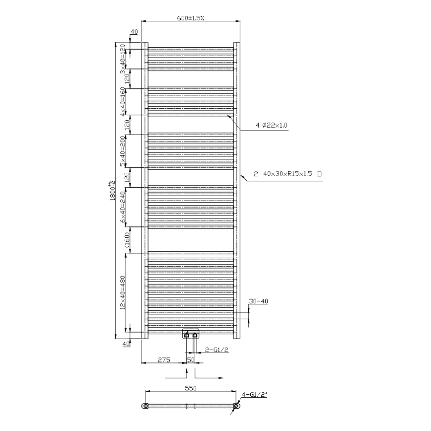 Novaservis - kopėčių tipo vonios radiatorius 630W/230V 180x60 cm blizgus chromas tiesus