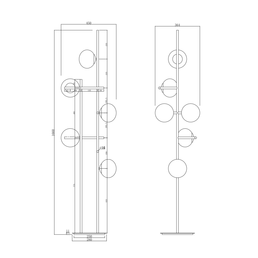 Ondaluce - Grindinis šviestuvas JEWEL 6xE14/10W/230V 166 cm juoda/dūminė juoda