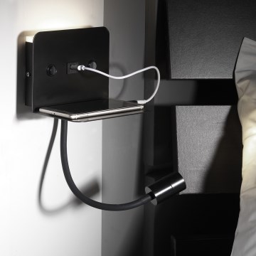 ONLI - LED Lanksti maža lempa su lentyna ir USB įkrovimas PLAK LED/1W/230V juoda