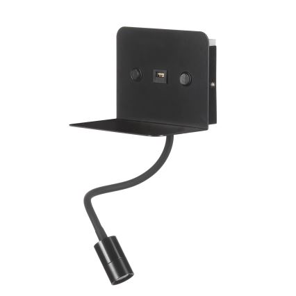 ONLI - LED Lanksti maža lempa su lentyna ir USB įkrovimas PLAK LED/1W/230V juoda