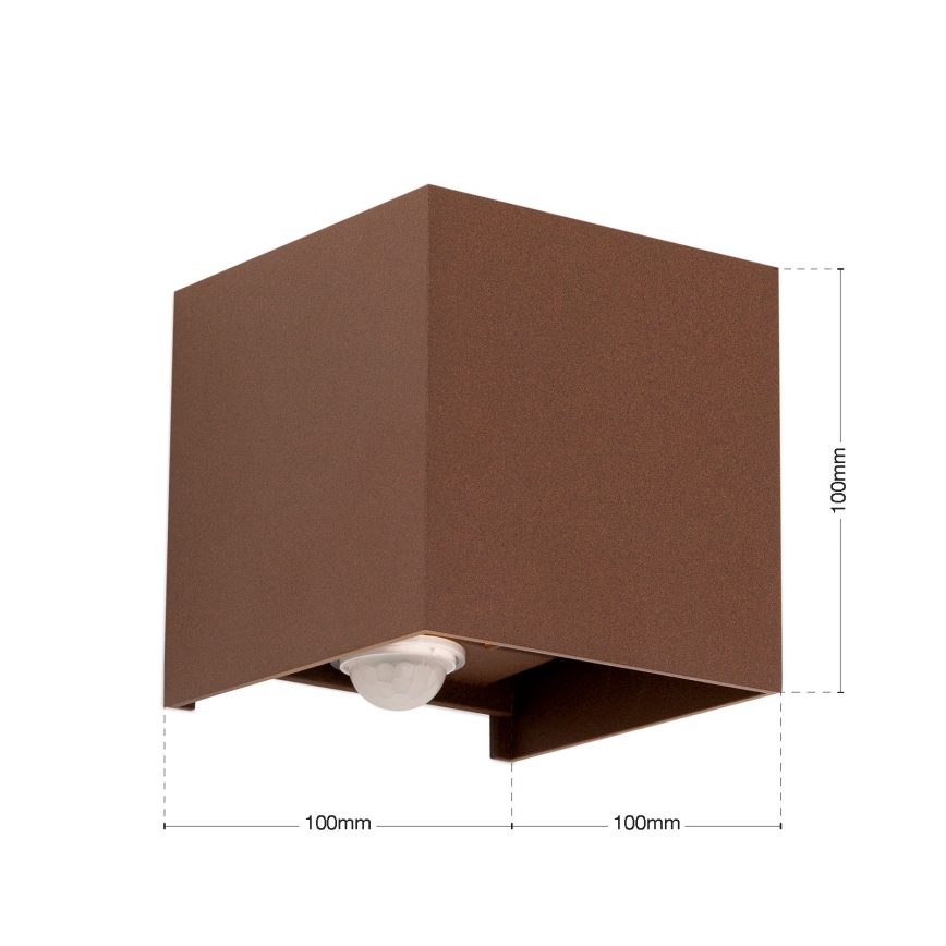 Lauko sieninis šviestuvas su judesio ir sutemų jutikliu CUBE-S LED/13W/230V IP54 ruda