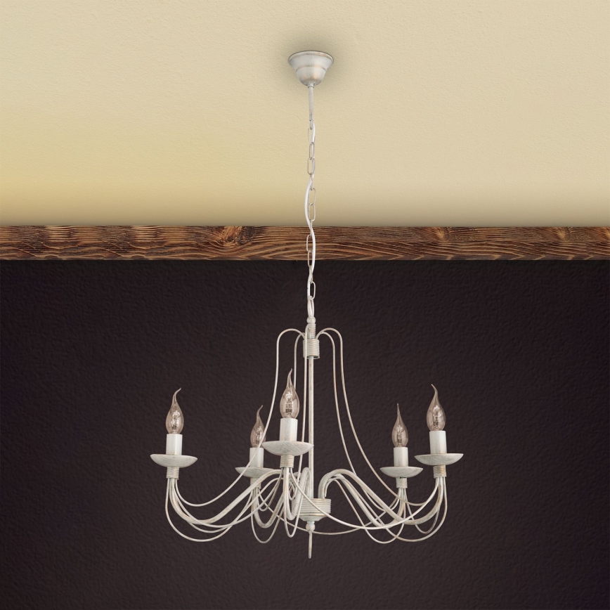 Sietynas, kabinamas ant grandinės VELA 5xE14/40W/230V diametras 60 cm balta/auksas/patina