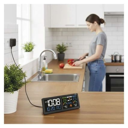 Orų stotelė su spalvotu LCD ekranu ir žadintuvu 5V 3xAAA + 2xAA juoda