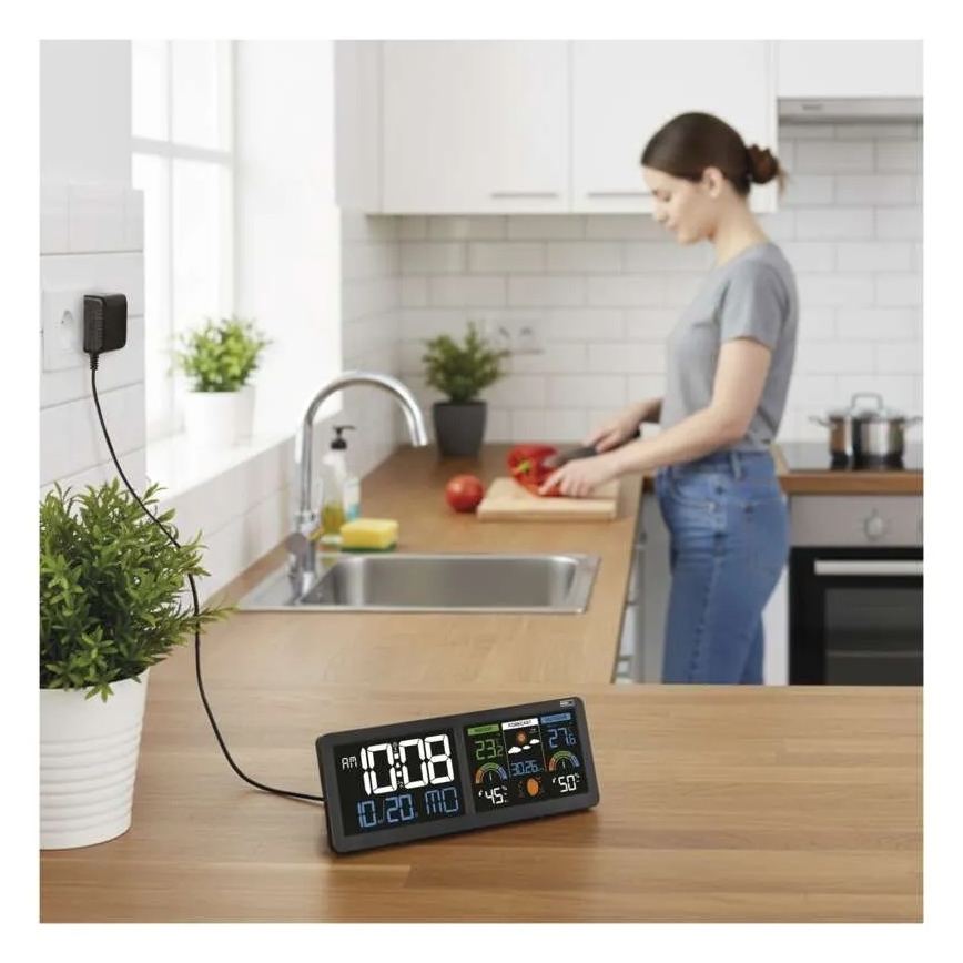 Orų stotelė su spalvotu LCD ekranu ir žadintuvu 5V 3xAAA + 2xAA juoda