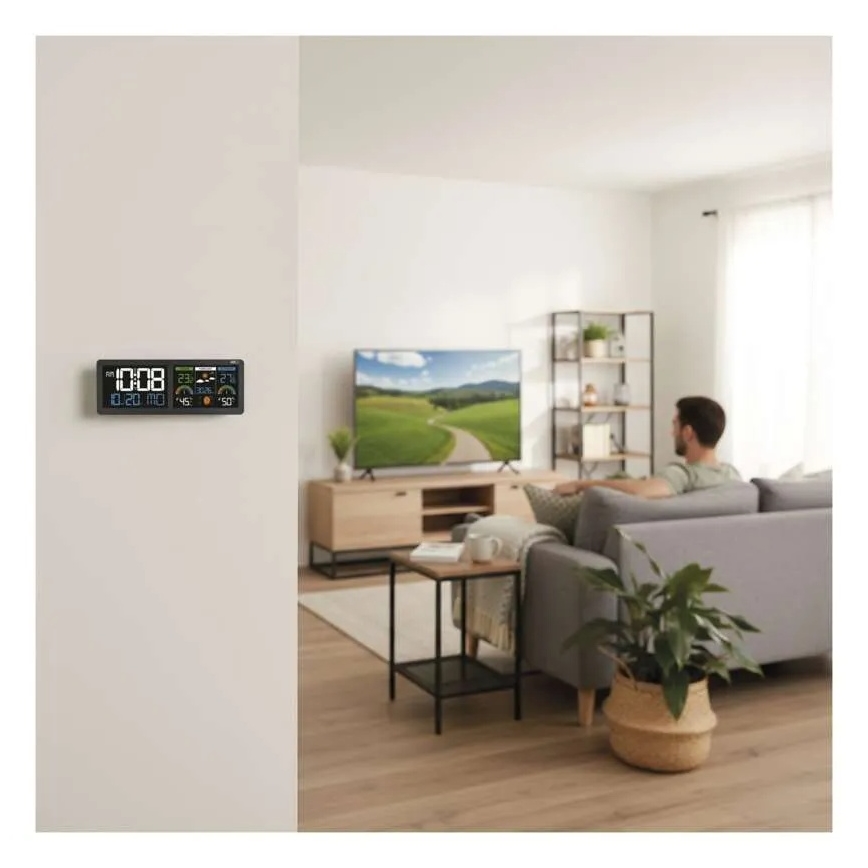 Orų stotelė su spalvotu LCD ekranu ir žadintuvu 5V 3xAAA + 2xAA juoda