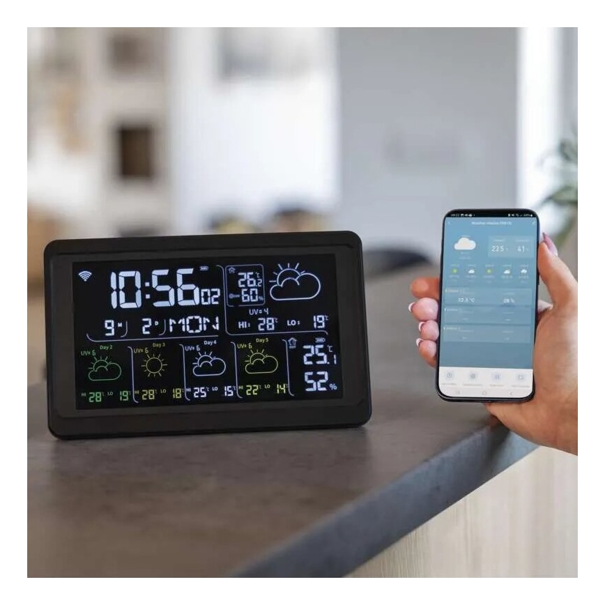 Orų stotis su LCD ekranu GoSmart 230V/3xAAA + 2×AAA Wi-Fi Tuya juoda