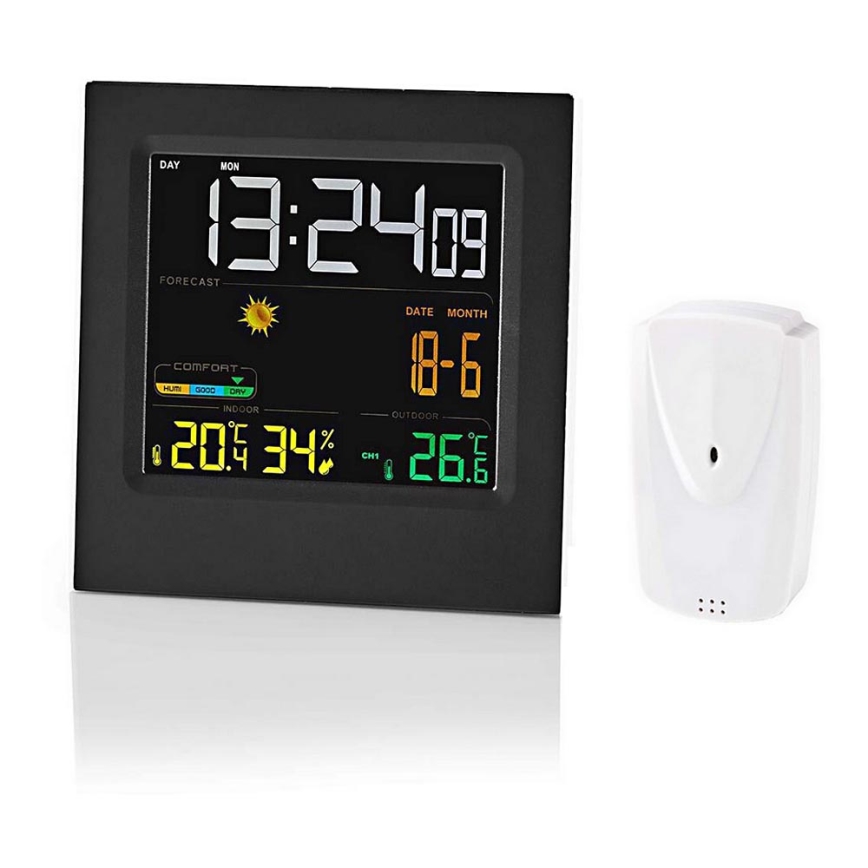 Orų stotis su spalvotu LCD ekranu 230V/3xAAA + 2xAA juoda