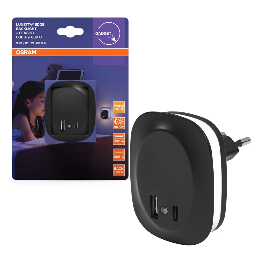 Osram - kištukinis LED naktinis šviestuvas su jutikliu ir USB LUNETTA LED/12,5W/230V juodas