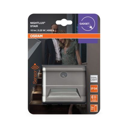 Osram - LED laiptų šviestuvas su jutikliu NIGHTLUX LED/0,25W/3xAAA IP54 sidabrinis