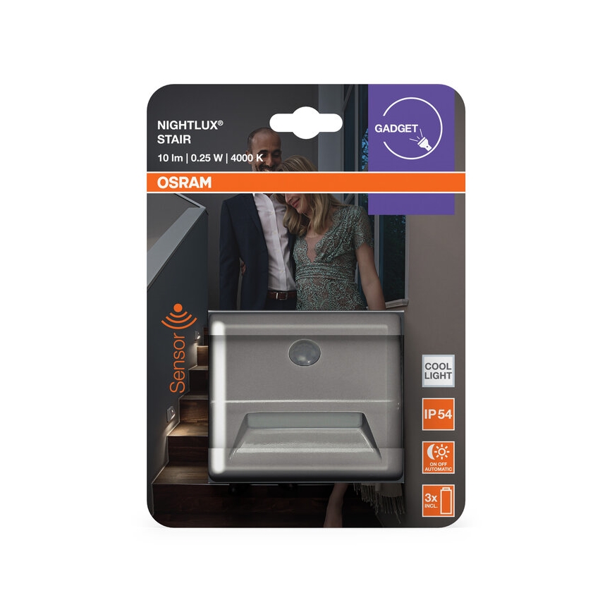 Osram - LED laiptų šviestuvas su jutikliu NIGHTLUX LED/0,25W/3xAAA IP54 sidabrinis