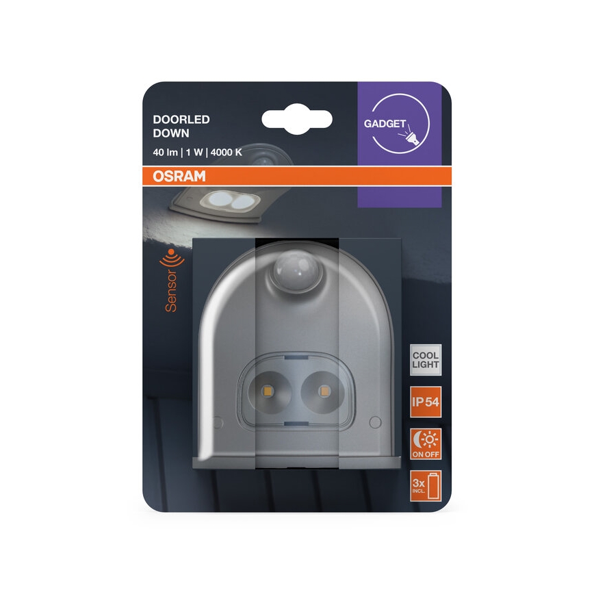 Osram - lauko LED sieninis šviestuvas su jutikliu DOORLED LED/0,5W/3xAA IP54 sidabrinis
