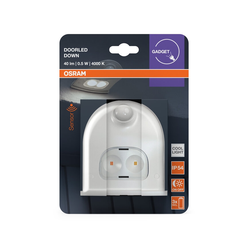 Osram - LED lauko sieninis šviestuvas su judesio jutikliu DOORLED LED/0,5W/3xAA IP54 balta