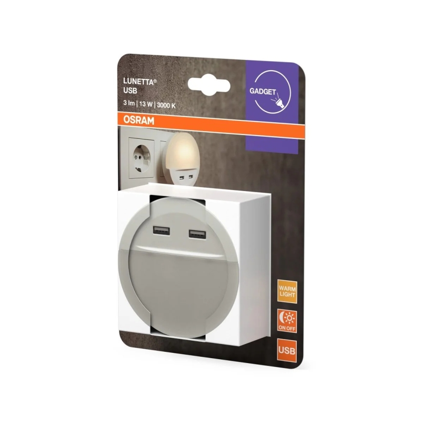 Osram - LED naktinis šviestuvas į lizdą su jutikliu LUNETTA 2xUSB LED/13W/230V
