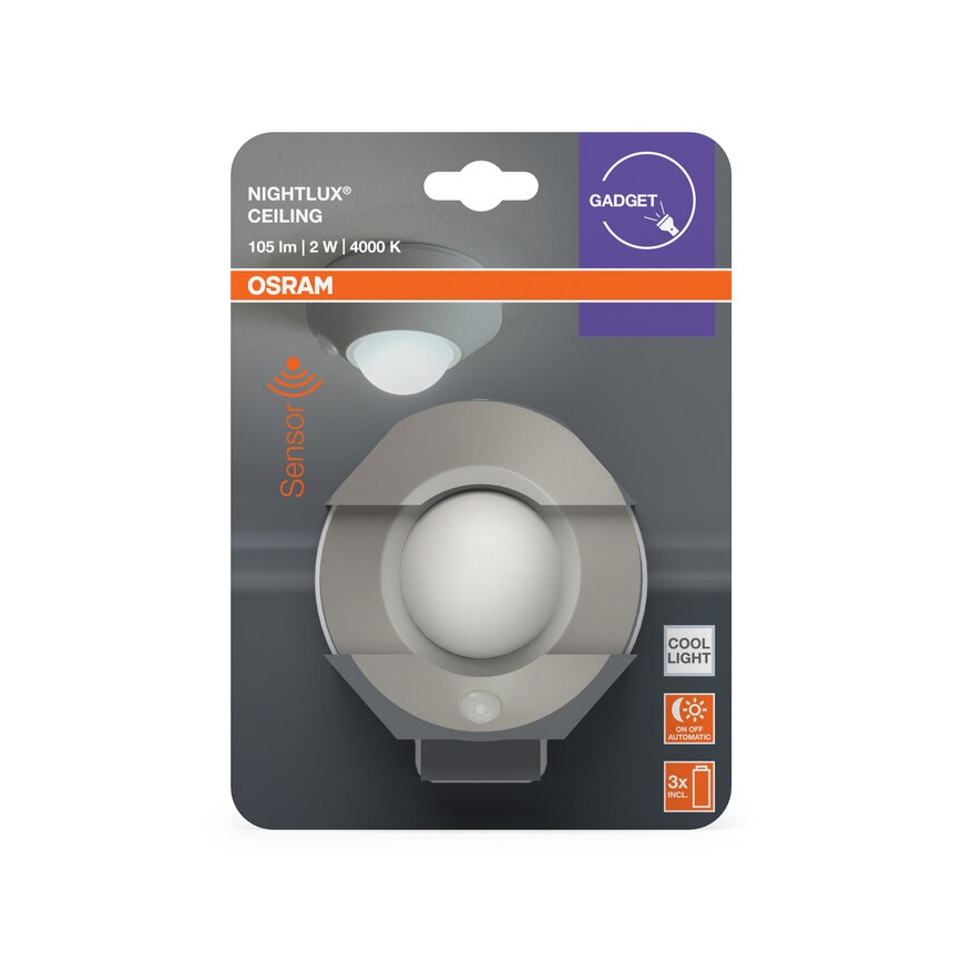 Osram - LED orientacinis šviestuvas su jutikliu NIGHTLUX LED/2W/3xAA sidabrinis