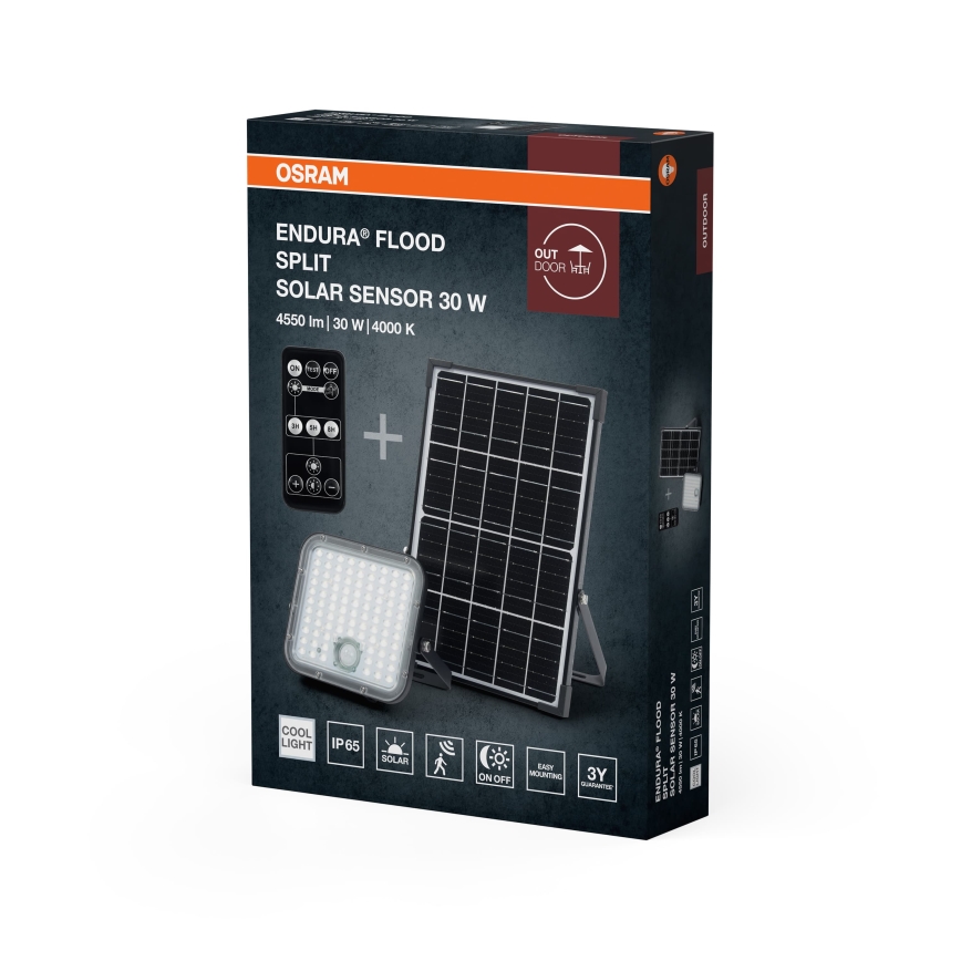 Osram - LED reguliuojamas saulės prožektorius su jutikliu ENDURA LED/30W/6,4V 4000K IP65 juoda + nuotolinio valdymo pultas