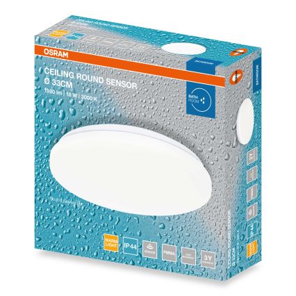 Osram - LED lubinis vonios šviestuvas su sutemų jutikliu CEILING ROUND LED/18W/230V 3000K, skersmuo 33 cm, IP44, balta