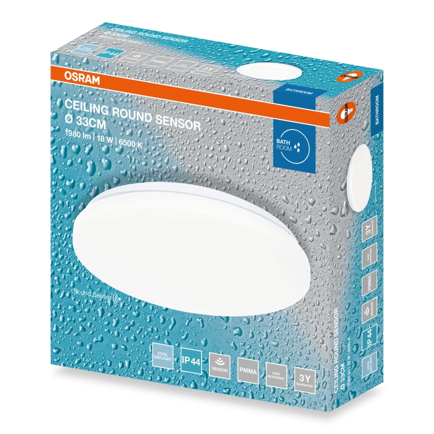 Osram - LED vonios kambario lubų šviestuvas su sutemų jutikliu CEILING ROUND LED/18W/230V 6500K, skersmuo 33 cm, IP44, balta