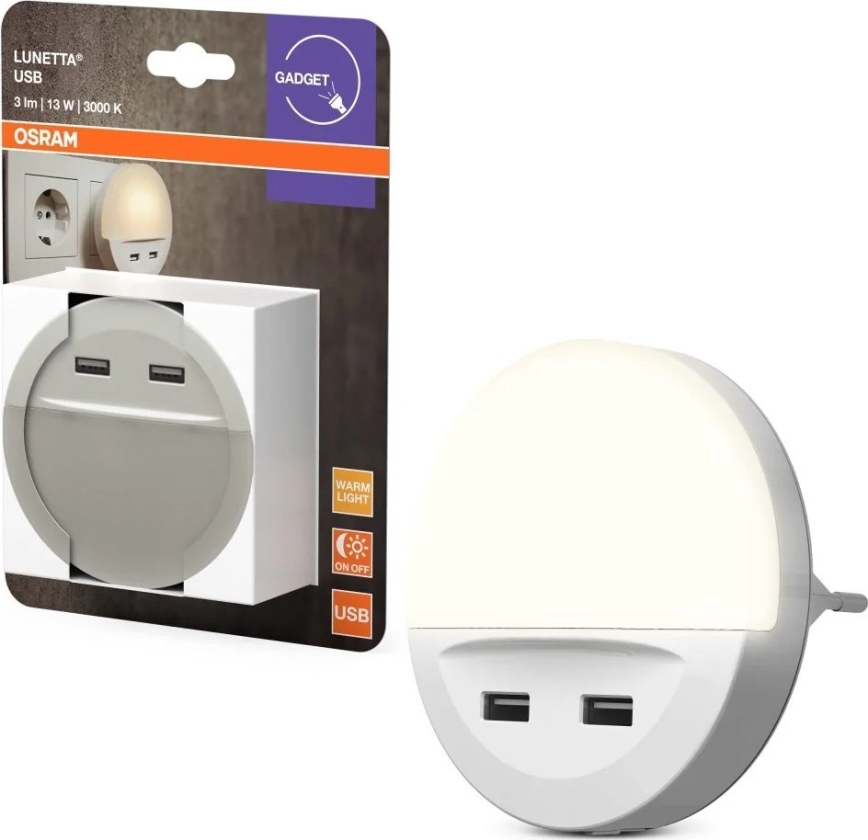 Osram - LUNETTA kištukinė LED naktinė lempa su jutikliu, 2x USB, 13 W, 230 V