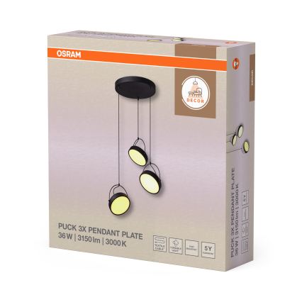 Osram - pakabinamas LED šviestuvas ant laido DECOR PUCK 3xLED/12W/230V CRI 90 juodas