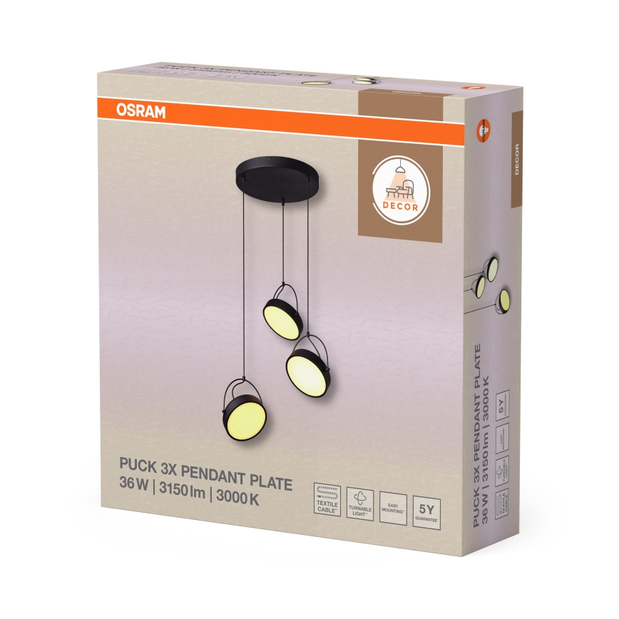 Osram - pakabinamas LED šviestuvas ant laido DECOR PUCK 3xLED/12W/230V CRI 90 juodas
