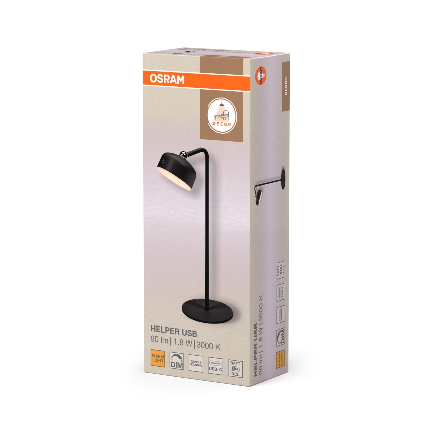 Osram - reguliuojama, įkraunama LED stalinė lempa 3 viename DECOR HELPER LED/1,8W/5V juoda