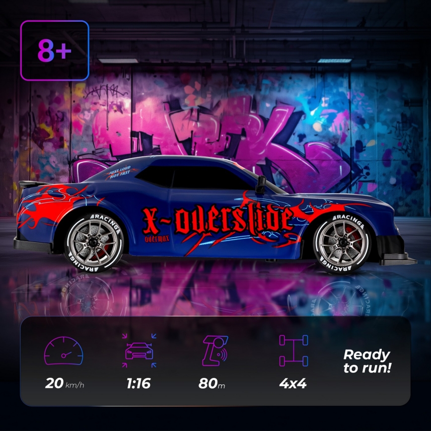 Overmax - RC drift automobilis su nuotoliniu valdymu 2 viename X-OVERSLIDE 1000 mAh juoda/žalia/mėlyna/raudona