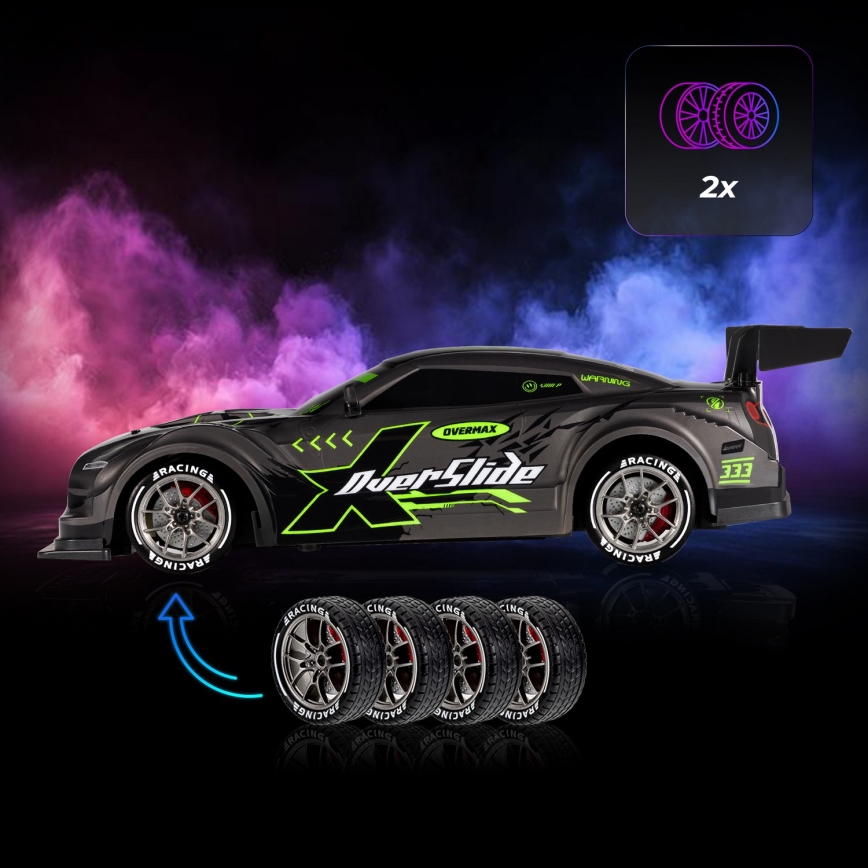 Overmax - RC drift automobilis su nuotoliniu valdymu 2 viename X-OVERSLIDE 1000 mAh juoda/žalia/mėlyna/raudona