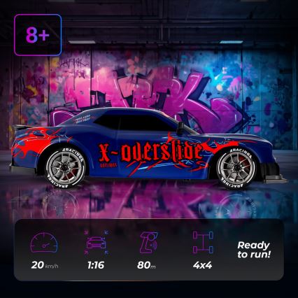 Overmax - nuotoliniu pultu valdomas RC drift automobilis X-OVERSLIDE, 1000 mAh, juoda/žalia/mėlyna/raudona
