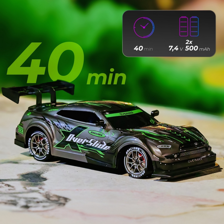 Overmax - nuotoliniu pultu valdomas RC drift automobilis X-OVERSLIDE, 1000 mAh, juoda/žalia/mėlyna/raudona